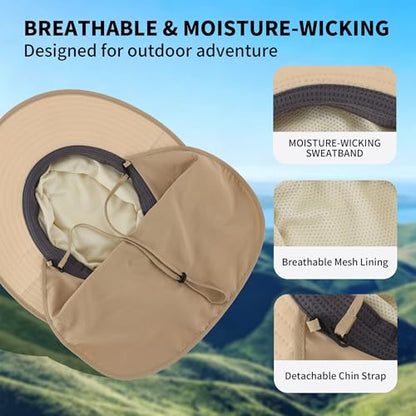 Connectyle Wide Brim Sun Hat for Men Women UPF 50+ Breathable Fishing Hat with Neck Flap Outdoor Hiking Safari Bucket Hats - color: Light Khaki