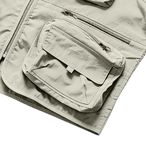 Men's Fishing Vest Casual Utility Lightweight Cargo Vest with Multi Pockets Outdoor Safari Photo Travel Jacket Vest - color: Y004- Beige, size: Large