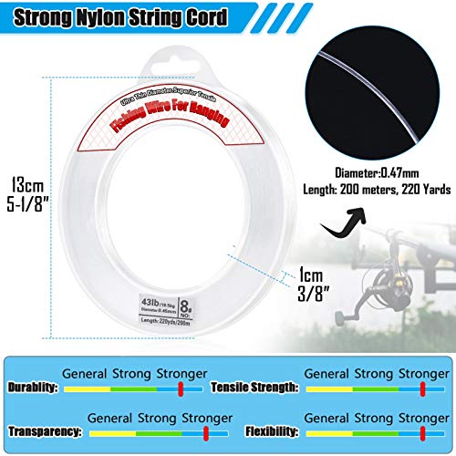 Clear Fishing Wire, Acejoz 656FT Fishing Line Clear Invisible Hanging Wire Strong Nylon String Supports 40 Pounds for Balloon Garland Hanging Decorations - style: 0.45mm, 656ft, 40lb