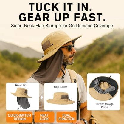 TOP-EX UVCoolix™ UV Protection Mens Sun Hat with Cooling Neck Flap Sunglass Lock Wide Brim Fishing Hats - color: Navy Blue, size: Medium-Large