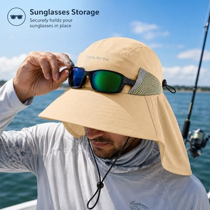 Palmyth Fishing Hat Wide Brim Sun Hat with Neck Flap & Sunglasses Storage | Sun Protection, Adjustable Fit, Breathable Mesh & Sweatband, Foldable, For Men & Women - color: Khaki