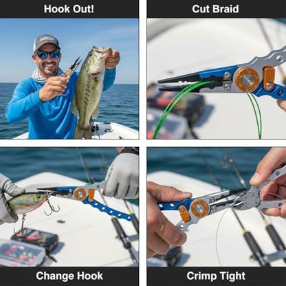 Aluminum Fishing Pliers, Saltwater Resistant, Lightweight, with Hook Remover, Split Ring Tool, Braid Line Cutters, Crimping Sleeves, Anti-Lost Lanyard, Nylon Sheath Included