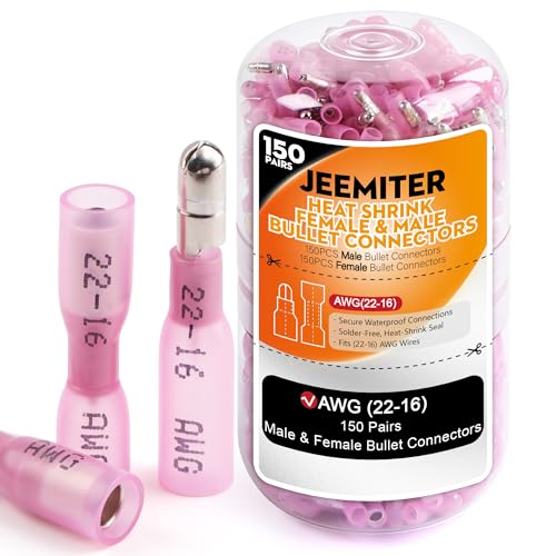 Jeemiter 300PCS 22-16AWG Heat Shrink Bullet Connectors Kit - Red Male & Female Waterproof Electrical Terminals for Automotive Wiring, Marine, Boat, 12V Truck Lights, Stereo & DIY in Dual-Neck Bottle - size: AWG22-16
