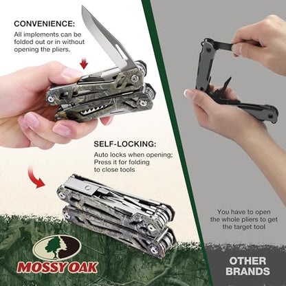 MOSSY OAK Multitool, 22-in-1 Stainless Steel Pliers with Screwdriver Sleeve, Camo Steel Handle, Self-locking Knife with Sheath-Perfect for Outdoor, Survival, Camping, Hiking, Simple Repair - color: 22-in-1, Camo