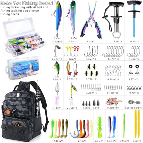 Fishing Backpack with Tackle Boxes and Rod Holder, 24L Fishing Sling Bag with Fishing Lures Kit, Fishing Gear Bag Gifts for Men Women - Black Camo Backpack - color: Black Camo Backpack