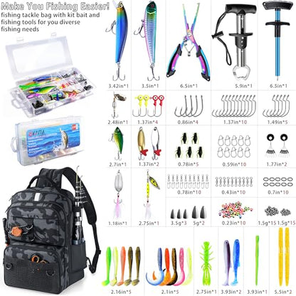 Fishing Backpack with Tackle Boxes and Rod Holder, 24L Fishing Sling Bag with Fishing Lures Kit, Fishing Gear Bag Gifts for Men Women - Black Camo Backpack - color: Black Camo Backpack