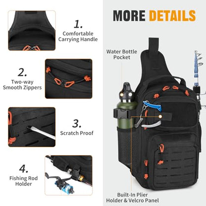 HUNTVP Fishing Sling Bag Lightweight Tackle Bag Small Fishing Backpack Tactical Shoulder Sling Bags with Rod Holder, Storage Gear and Equipment, Gifts for Men (Black) - color: Black