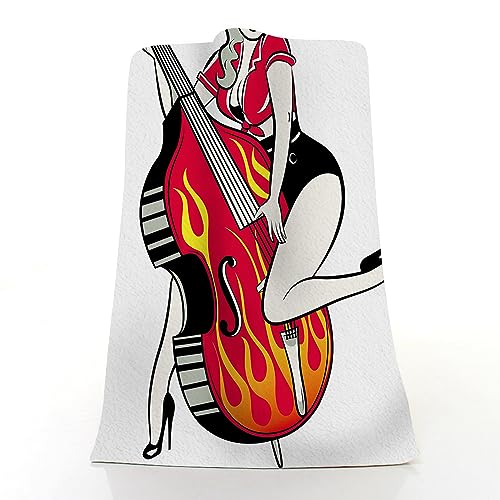 Pehede Rockabilly Pinup Girl Hand Towel Playing Double Bass with Flames Soft Guest Face Bath Towel Bathroom Decorations Thin Kitchen Tea Dish Towels 15 x 30 inch - color: Rockabilly Pinup Girl