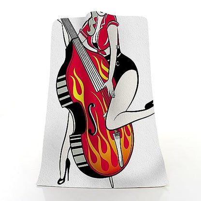 Pehede Rockabilly Pinup Girl Hand Towel Playing Double Bass with Flames Soft Guest Face Bath Towel Bathroom Decorations Thin Kitchen Tea Dish Towels 15 x 30 inch - color: Rockabilly Pinup Girl