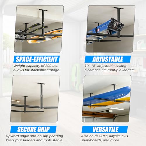 Stainless Steel Ceiling Storage Rack, 10"-18" Height Adjustable,Kayak Overhead Garage Storage Rack, Holds 200 lbs, for High-Altitude Storage of Kayaks, Surfboards, Canoes, Skis, and Ladders - style: Double