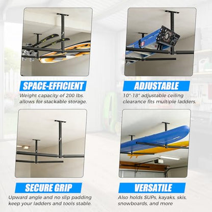 Stainless Steel Ceiling Storage Rack, 10"-18" Height Adjustable,Kayak Overhead Garage Storage Rack, Holds 200 lbs, for High-Altitude Storage of Kayaks, Surfboards, Canoes, Skis, and Ladders - style: Double