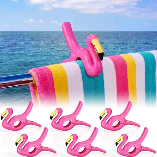 Hushee 6 Pack Marine Boat Rail Towel Clips Flamingo Shaped Storm Proof Large Clips Pontoon Boat Towel Organizer Multi Purpose Outdoor Laundry for Beach Pontoon Fishing Cruise Travel