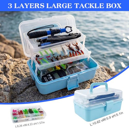 3-Layer Fishing Tackle Box with Tackle Included, Fishing Tools Kit Includes Pliers Fish Lip Gripper Scale Crankbait Spinnerbaits Soft Baits Hooks, Ideal Gift for Angler Saltwater Freshwater (Blue) - color: Blue