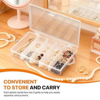 6 Pack 5 Grid Clear Plastic Fishing Tackle Bait Hooks Storage Box, Visible Organizer Container Case for Jewelry Board Game Beads Earrings Screws Nail Bobby Pins DIY Crafts(7.1" x 4.3" x 1.2")