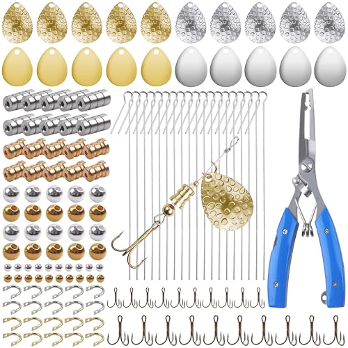 Fishing Spinner Lure Making Kit,141pcs Inline Spinner Making Supplies Kit DIY Spinnerbaits Accessory Pliers Spinner Blade Clevis Wire Shaft Treble Hooks Beads Fishing Spoon Rigs Tackle Set - style: 141pcs