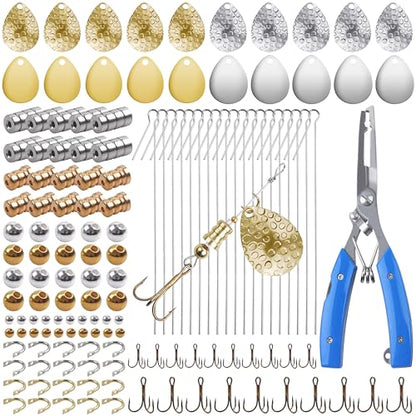 Fishing Spinner Lure Making Kit,141pcs Inline Spinner Making Supplies Kit DIY Spinnerbaits Accessory Pliers Spinner Blade Clevis Wire Shaft Treble Hooks Beads Fishing Spoon Rigs Tackle Set - style: 141pcs