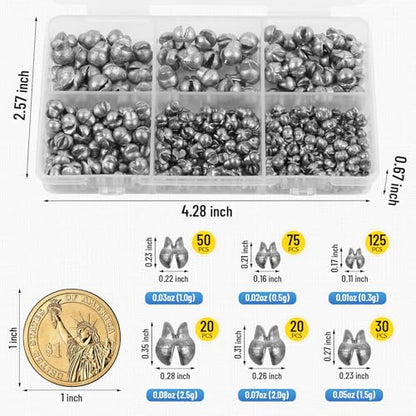 Caleb 200/320Pcs Split Shot Fishing Weights Sinkers, Removable Lead Fishing Weights, Premium Duckbill Reusable Fishing Sinkers for Freshwater Saltwater Bass Trout Fishing Accessories - 5/6 Sizes - size: Duckbill-320PCS