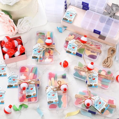 Wonderjune 24 Sets Fishing Party Favors Candy Little Tackle Boxes with Red White Floater Thank You Cards for Making My Reel Fun Fishing Theme Party Decorations
