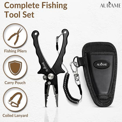Fishing Pliers Saltwater Resistant Aluminum – Split Ring Pliers & Hook Remover Tool – 6.7in Braid Line Cutter, Sheath & Lanyard – Professional Fishing Tools Kit for Fresh & Salt Water