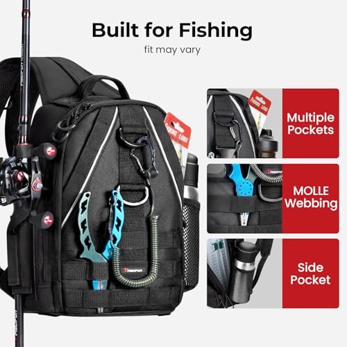 Piscifun Fishing Backpack with Rod Holder, Lightweight Sling Bag Storge Gear and Equipment - color: Black, size: Standard, style: Latch
