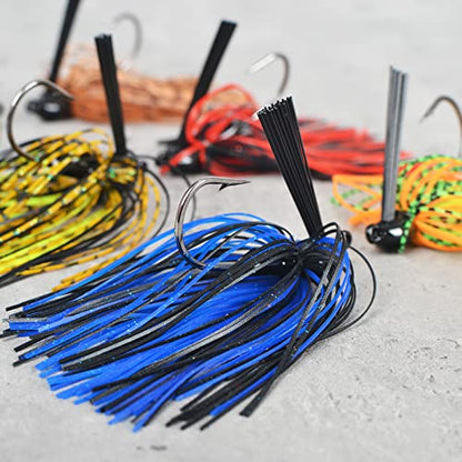 Fishing Jig with Weed Guard, 3/8 oz, Pack of 6 | Silicone Skirt, Multi-Color Fishing Lures for Bass, Walleye, Perch