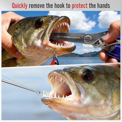 Fishing Pliers & Fish Hook Remover Tool Kit - 2 Stainless Steel Hook Removers with 1 Split Ring Pliers, Non-Slip Handle for Bass Trout Catfish, Saltwater Freshwater Family Fishing Gear