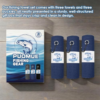 Puomue 3 Pack Microfiber Fishing Towels with Clip, 16" X 16", Waffle Pattern for Effective Cleaning of Fishing Gears or Dirty Hands, Perfect for Camping Towels and Hiking Towles (Blue, 16"X16") - color: Blue