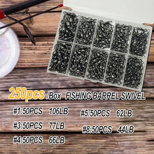 Fishing Barrel Swivels, 250pcs Fishing Swivels for Salwater Freshwater, High Strength Fishing Tackle Leader Line Lure Connector