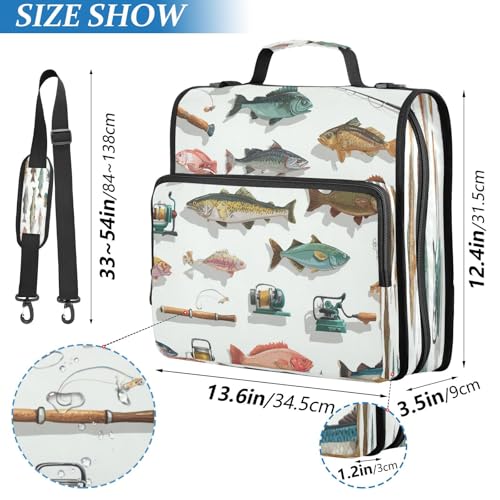 Fish Sea Rods Vintage Lure 3 Ring Zipper Binder with Strap 1.5 inch 500 Sheet Capacity File Folder Storage Organizer