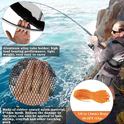 Drasry Large Collapsible Bridge Pier Fishing Net Landing Net with Rod, High Load Aluminum Ring Drop Net for Saltwater and Freshwater Pier Fishing Basket with 49.2 ft. Rope - color: Black, size: 23.6 x 23.6 x 27.5", style: Small Size Mesh