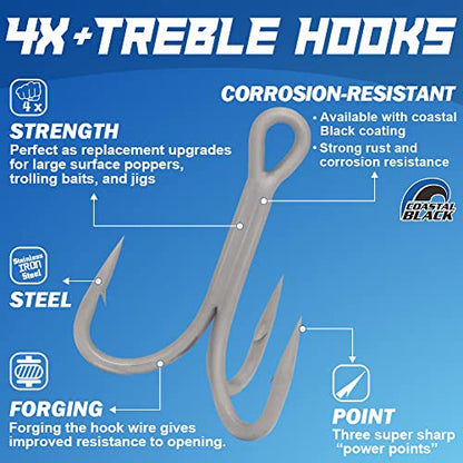 4X-Treble-Hooks-Saltwater-Big-Game-Fishing-Hooks Ultra Strong Stainless Size 3/0 1/0 2/0 4/0 5/0 - size: 1/0 Pack of 10