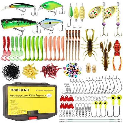 TRUSCEND Complete Fishing Accessories - Tackle Box with Tackle Included, Fishing Hooks, Jig Heads, Sinkers, Weights, Swivels, Snaps, Bobbers, Leaders - Fishing Gear Set for Bass Trout Panfish Walleye - color: E-128pcs Lures Kit
