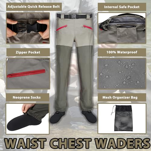 Waist Wader Pants for Men and Women, 3-Ply Breathable Waterproof Fishing Waders with Pockets and Durable Stockingfoot - size: XX-Large