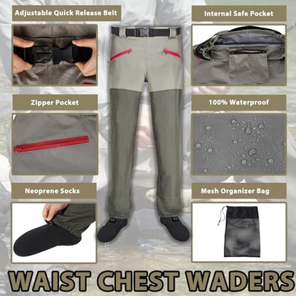 Waist Wader Pants for Men and Women, 3-Ply Breathable Waterproof Fishing Waders with Pockets and Durable Stockingfoot - size: Small