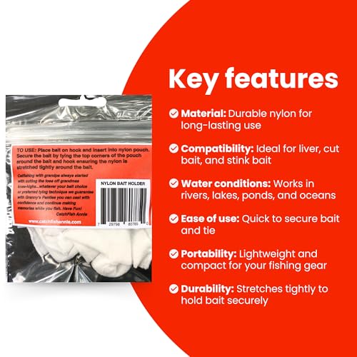 Granny's Panties Nylon Bait Holder for Fishing - Secures Bait on Hook, Prevents Loss to Small Fish & When Casting - For All Bodies of Water - Made in USA - 2-Pack