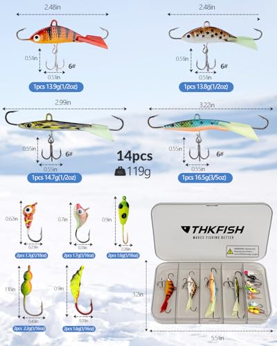 THKFISH Ice Fishing Lures Ice Fishing Jigs Ice Fishing Gear Hard Fishing Lures and Jigs Walleye Ice Fishing Kit Crappie Panfish Pike Jigs,14/26/40PCS - color: C-14PCS