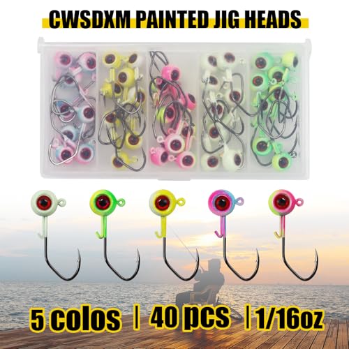 Painted Crappie Jig Heads 3D Eyes Fishing Hooks with Wire Keeper Lures for Crappie Panfish Bass Fishing Jig Hooks Assortment 1/16 oz 1/8 oz 3/16oz 3/8 oz 1/4 oz - size: 1/16 oz - 40 pcs