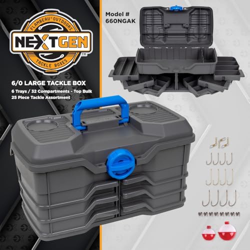 Flambeau Outdoors 660NGAK Next Gen 6/0 Large Fishing Tackle Box - 6 Pivot Trays, 32 Compartments, Includes 25-piece Tackle Kit, Fishing Tackle and Gear Storage, Fishing Lure Organizer, Dark Gray - size: With Tackle Kit