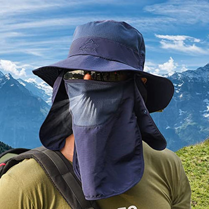 Fishing Hat for Men Sun Protection Hat with Removable Mesh Face Neck Flap Cover Windproof Strap for Men and Women - color: Navy Blue