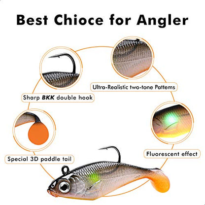 TRUSCEND Duramax Pre-Rigged Fishing Lures with BKK Jig Hooks, Easy Catch 10X Tear-Resistant TPE Soft Swimbaits for Bass Trout Crappie Walleye Redfish Grouper, Fishing Bait for Saltwater and Freshwater - color: E-2.8"-0.37oz