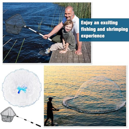 6 Pcs Fishing Net Trap Portable Folded, Crab Trap Minnow Trap, Fishing Landing Net with Telescoping Pole Handle, Casting Net Bait Trap with Heavy Duty Sinker and Storage Bucket