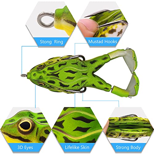 Topwater Bass Fishing Lure Kit, Plopping Propeller Tail Bigger Splash Whopping, Soft Plastic Frog Bait 3D Eyes Lifelike Body Pattern, for Bass Snakehead Musky Pike Walleye, 5 pcs… - color: B Group