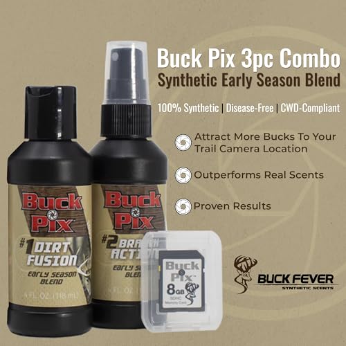 Buck Fever Buck Pix 2,3,4-Piece kit - Synthetic Deer Scent (4 oz Branch Action & 4 oz Dirt Fusion) for Whitetail & Mule - Non-Spoiling Deer Attractant for Outdoor Trail Camera - size: 3 - Piece Combo