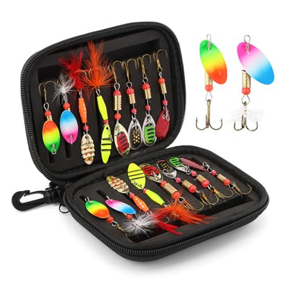 16pcs Fishing Lures Spinner Baits Kit, Metal Bass Trout Lures with Portable Carry Bag, Fishing Gears Spinnerbait Spoons Baits for Freshwater Saltwater Trout, Gifts for Men