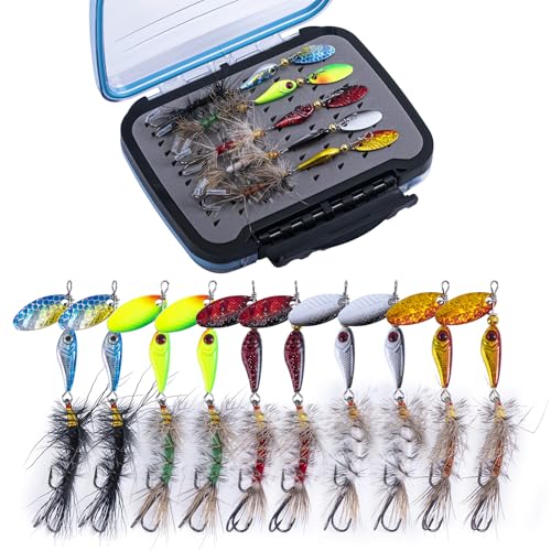 Goture Trout Lures Fishing Spinners,Rooster Bait Tail Bass Fishing Lures with Brass Spinner Blade Fish-Shaped Jig Heads for Freshwater Saltwater,Salmon Steelhead Trout Spinner Bait with Tackle Box - color: A:10pcs Trout Spinners