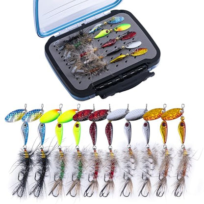 Goture Trout Lures Fishing Spinners,Rooster Bait Tail Bass Fishing Lures with Brass Spinner Blade Fish-Shaped Jig Heads for Freshwater Saltwater,Salmon Steelhead Trout Spinner Bait with Tackle Box - color: A:10pcs Trout Spinners