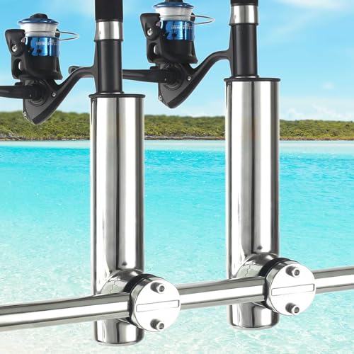 2-Pack Stainless Steel Fishing Rod Holders | 32-Angle Adjustable Clamp-On Rail Mount | Fits 7/8"-1" Rails for Boat, Yacht, RV & Truck | Marine-Grade Anti-Corrosion with Rubber Protector