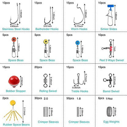 Fishing Tackle Kit,286pcs Fishing Hook Bobber Box Kit with Fishing Bobbers,Various Fish Hooks,Weights,Swivel Snaps,Brass Sleeves,Sinker Slides Starter Kit for Artificial and Live Baits Trout Panfish