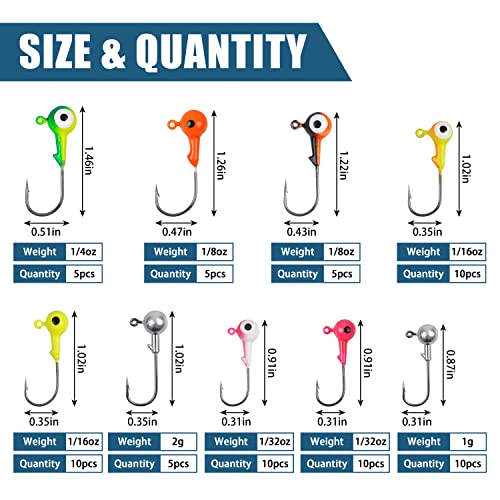 Fishing Jig Head Hooks Kit, Round Ball Crappie Jig Heads Lures Assorted Painted Fishing Lures Jig Heads for Walleye Bass Saltwater Freshwater Fishing 50/69/70pcs - style: 70pcs Kit
