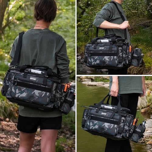 Goture Fishing Tackle Bag with 4pcs 3600 Tackle Boxes, 600D Water-Resistant Soft Side Saltwater Gear Storage Fishing Bag with Rod Straps, Detachable Water Bottle Pouch, Waterproof Bottom, SBS Zippers - color: C2:Camo with 4 3600 Tackle Boxes, size: Large